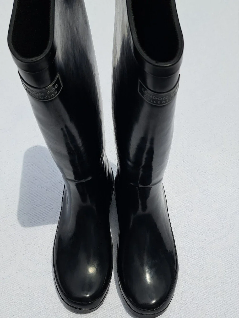 London Fog Black Thames Gloss Rain Boots with White Logo 7 New w/o box